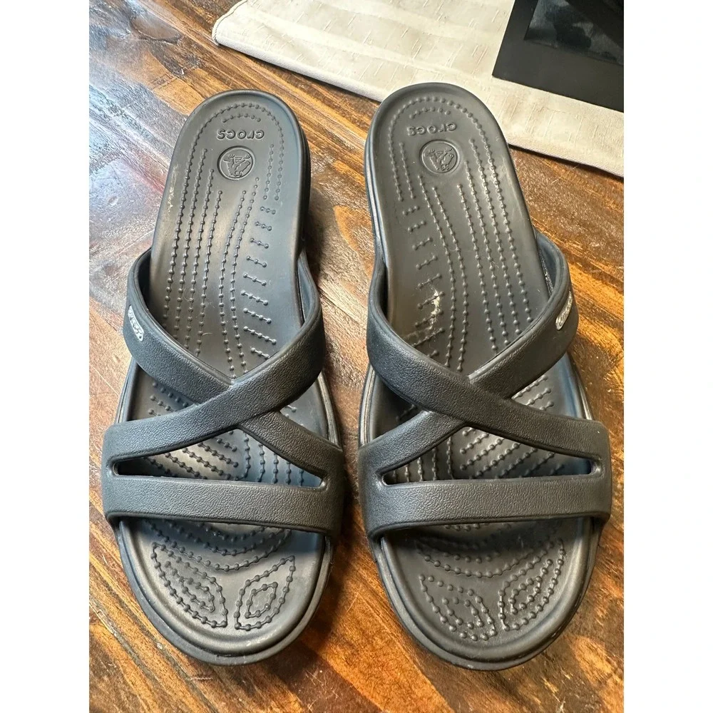 Crocs Patricia Black Wedge Sandals Multi Strap Comfort Slide Shoes Womens 8